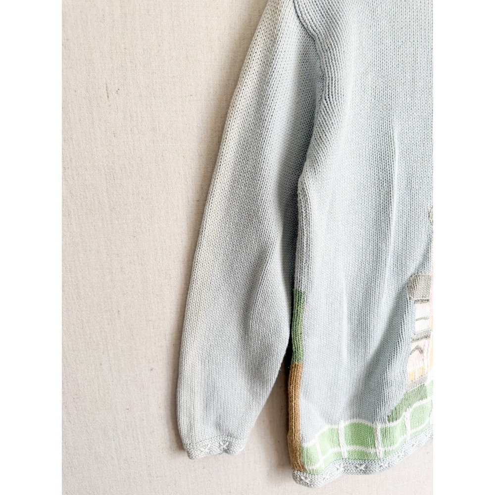 Storybook Knits Cardigan Victorian House Bicycle Novelty Small Blue Handknit S - Picture 6 of 10